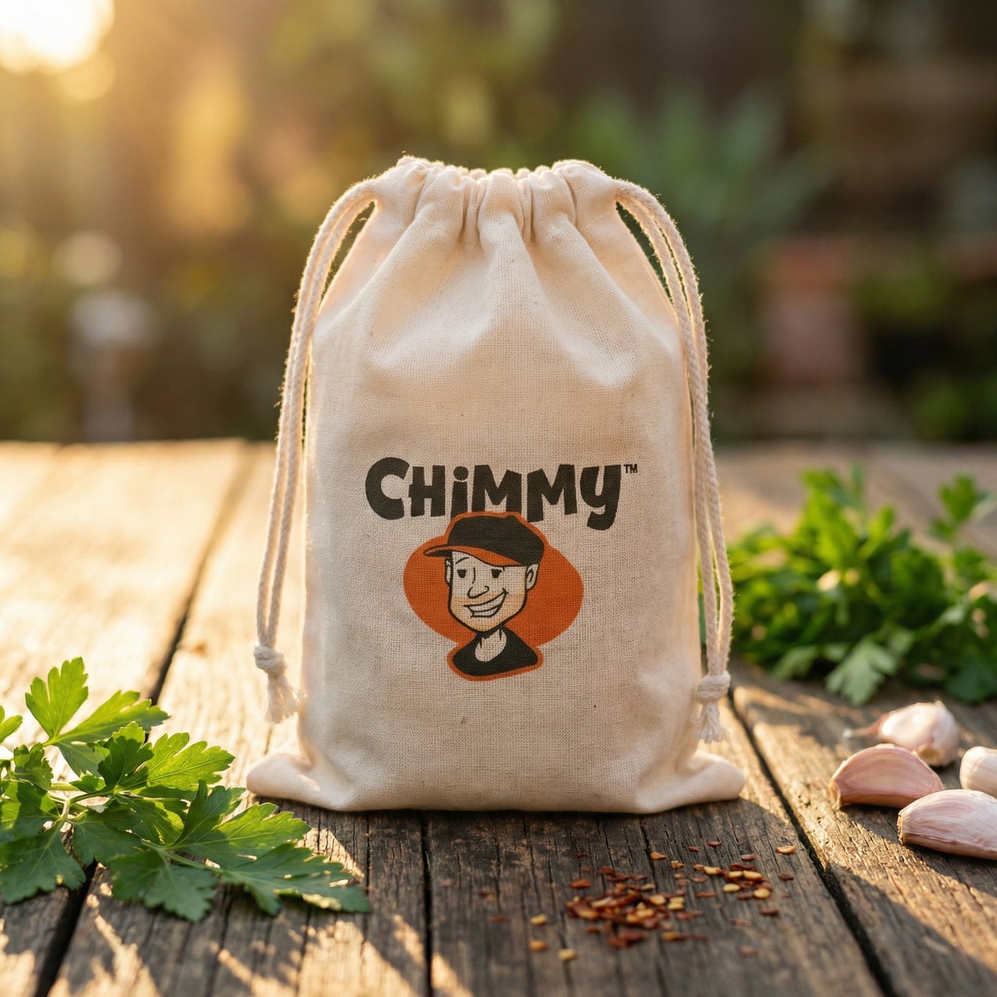 Organic cotton drawstring gift bag printed with the Chimmy logo, on a wooden surface surrounded by parsley, garlic and chilli flakes