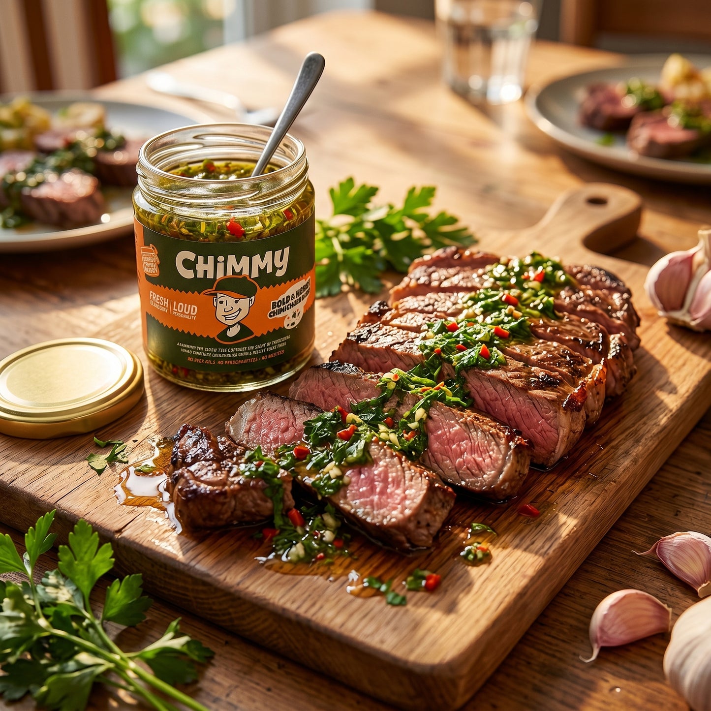 Sliced grilled steak drizzled with fresh green Chimmy chimichurri next to an open Chimmy herb jar on a wooden Sunday-lunch board