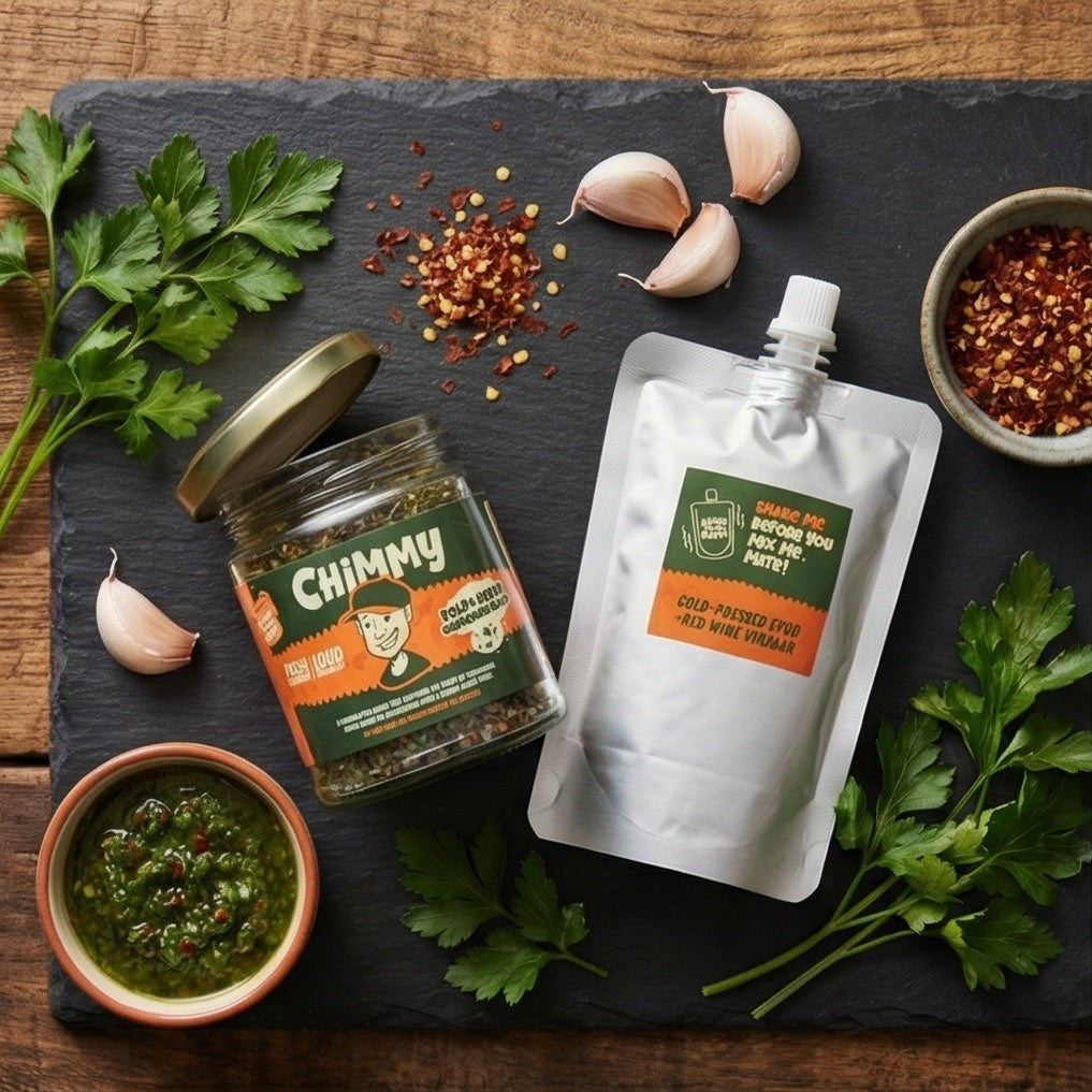 Chimmy chimichurri kit flat lay — herb jar, red wine vinegar pouch, fresh parsley, garlic and chilli flakes around a bowl of prepared sauce on slate