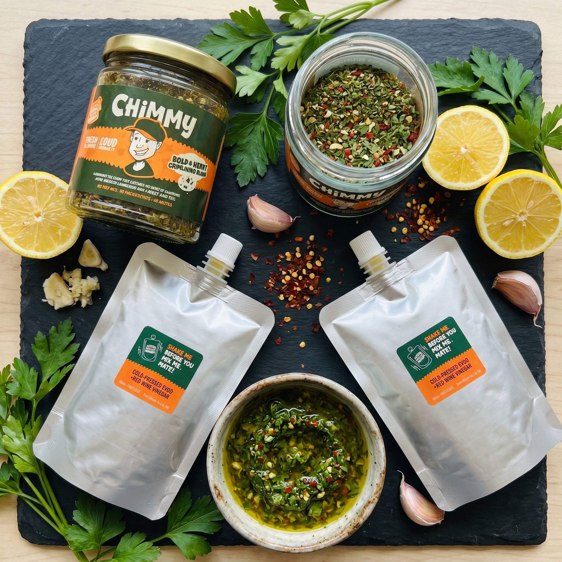 Two Chimmy chimichurri kits styled on a slate board with parsley, lemon, garlic, dried chilli and a bowl of freshly mixed green chimichurri